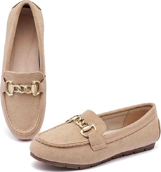 Neutral women's loafers with gold hardware