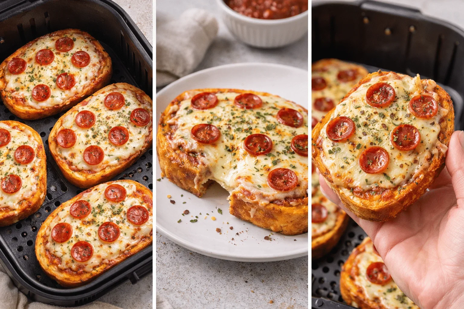texastoastpizza2.webp Pepperoni Texas toast pizzas topped with melted mozzarella and Italian herbs on a wooden serving board.