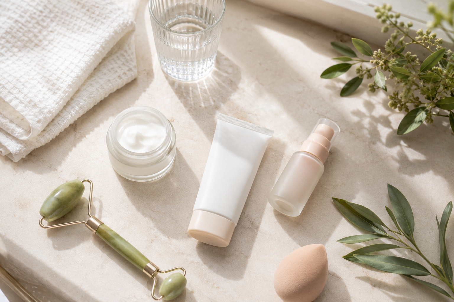 Lightweight skincare and makeup products arranged for a hot-weather beauty routine.