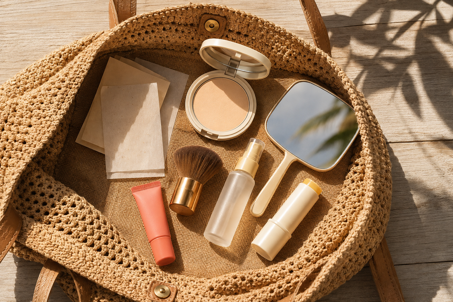 Compact summer makeup touch-up kit with powder, blotting papers, lip color, and beauty essentials.