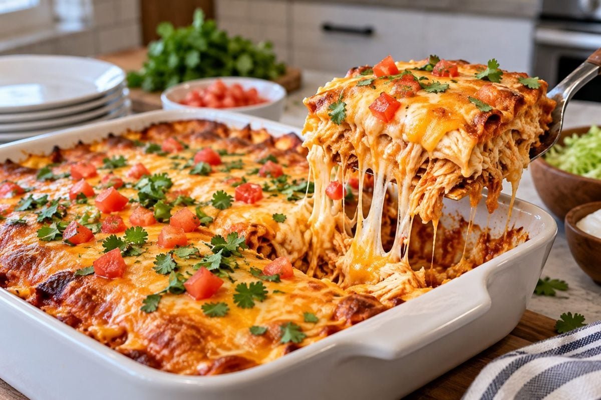 Cheesy chicken enchilada casserole in a white baking dish with a serving lifted on a spatula