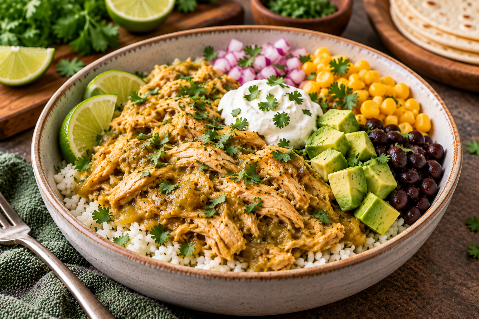 Salsa verde shredded chicken bowl with rice, black beans, corn, avocado, sour cream, cilantro, red onion, and lime