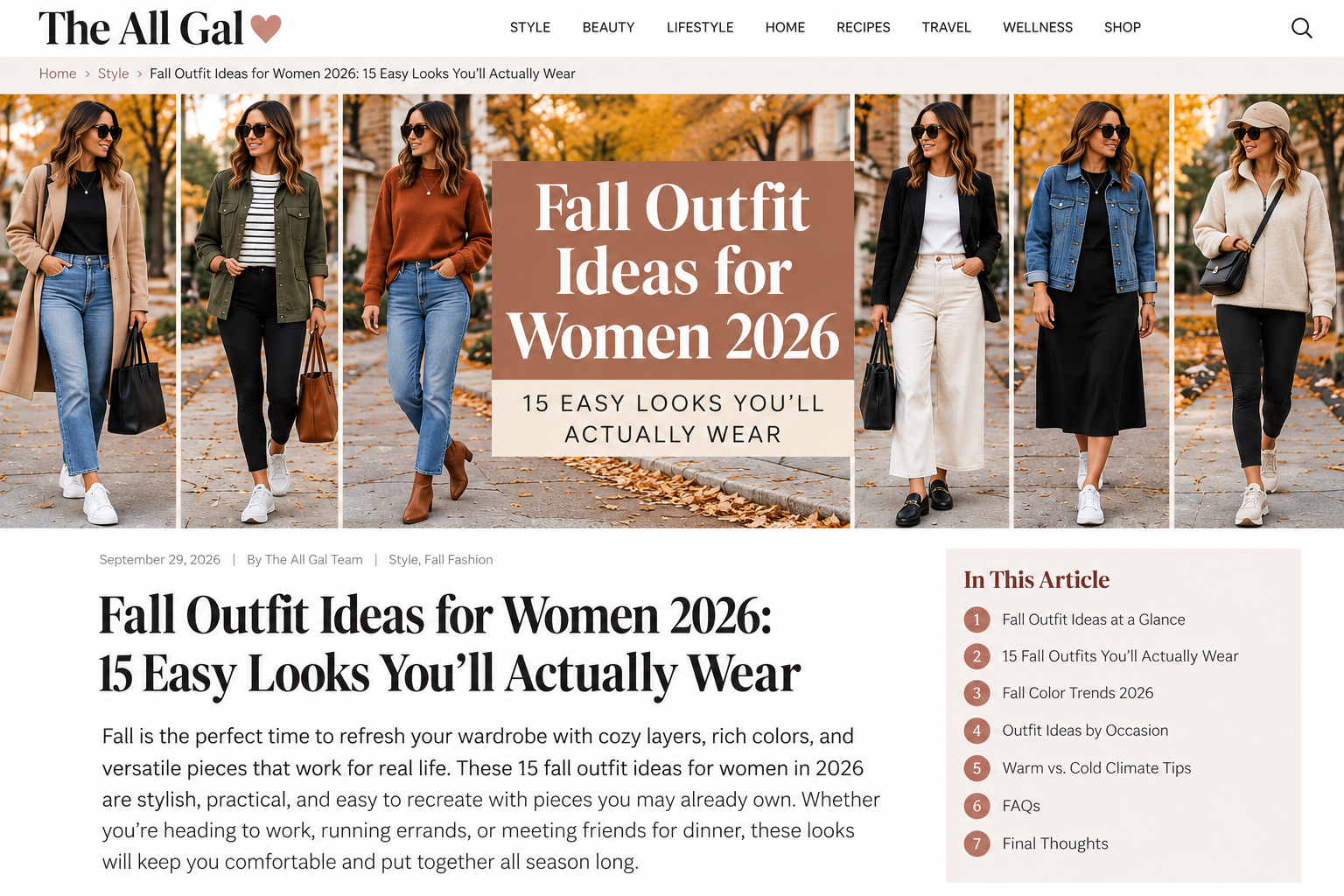 Fall outfit ideas for women 2026 collage showing casual, work, weekend, travel, dressy, layered, and cold-weather autumn outfits