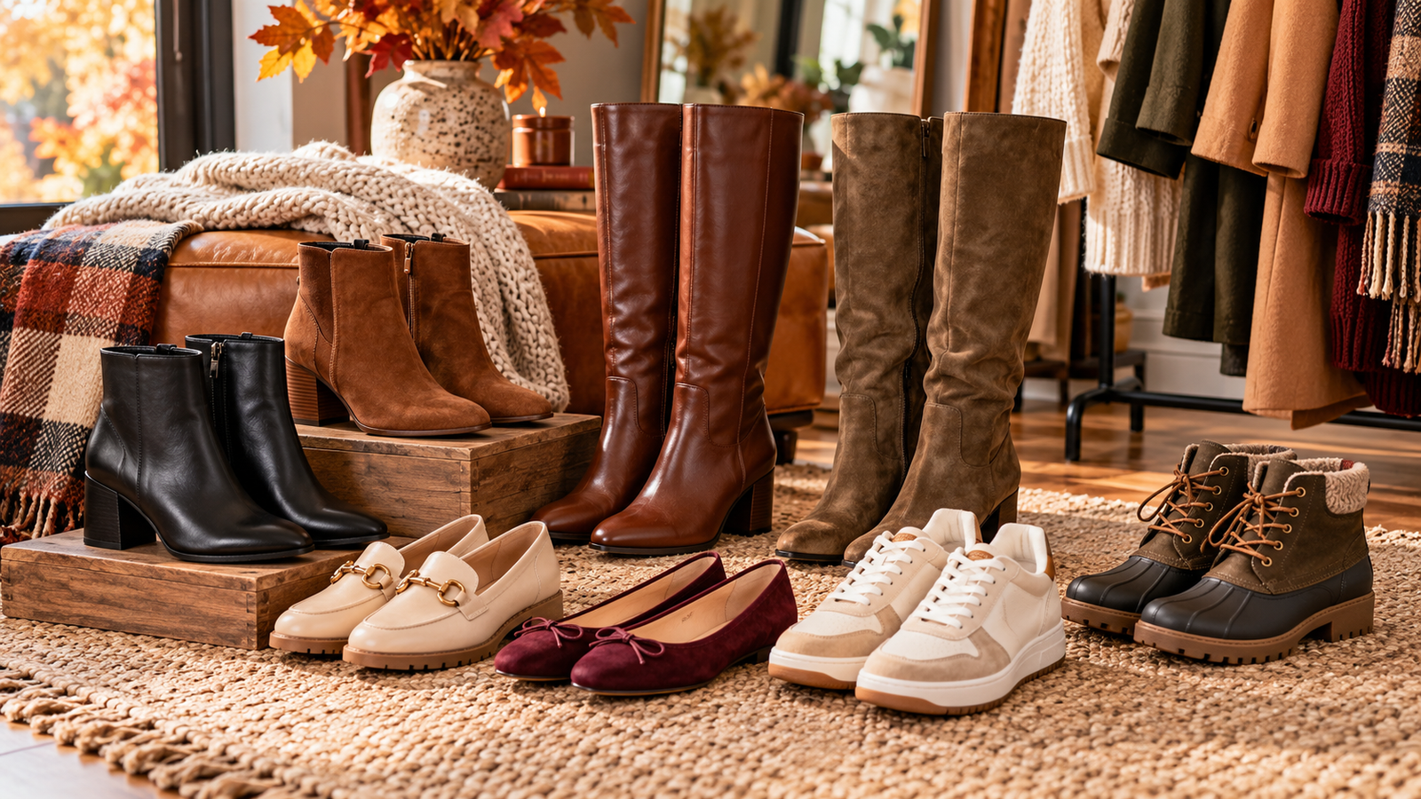 Autumn collection of women's ankle boots, knee-high boots, loafers, ballet flats, sneakers, and weather-ready shoes arranged in a cozy fall dressing room