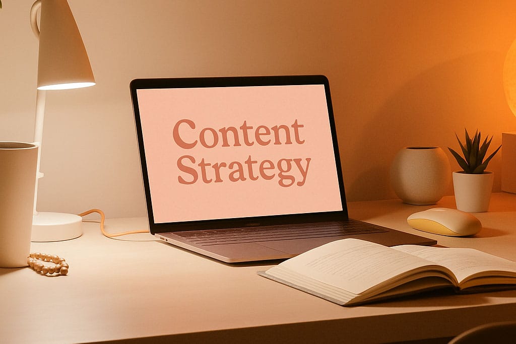 Laptop on desk with Content Strategy on the screen