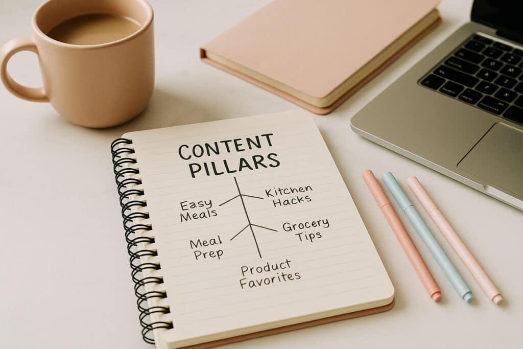 Notebook with content pillars written it on desk with coffee cup and pastel pens